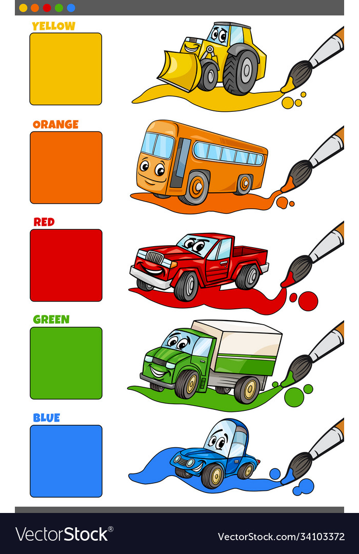 Basic colors set with cartoon vehicle characters Vector Image Basic colors set with cartoon vehicle characters Vector Image