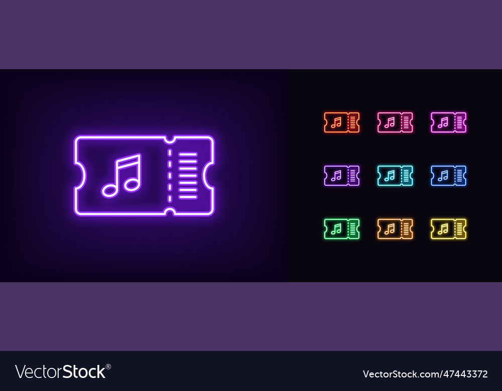 Outline neon musical ticket icon set glowing