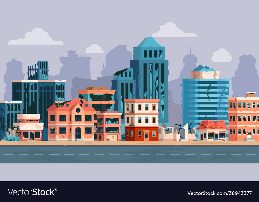 Cartoon city with ruined buildings after Vector Image