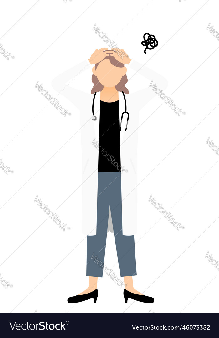 Female doctor in white coat holding head pose vector image Female doctor in white coat holding head pose