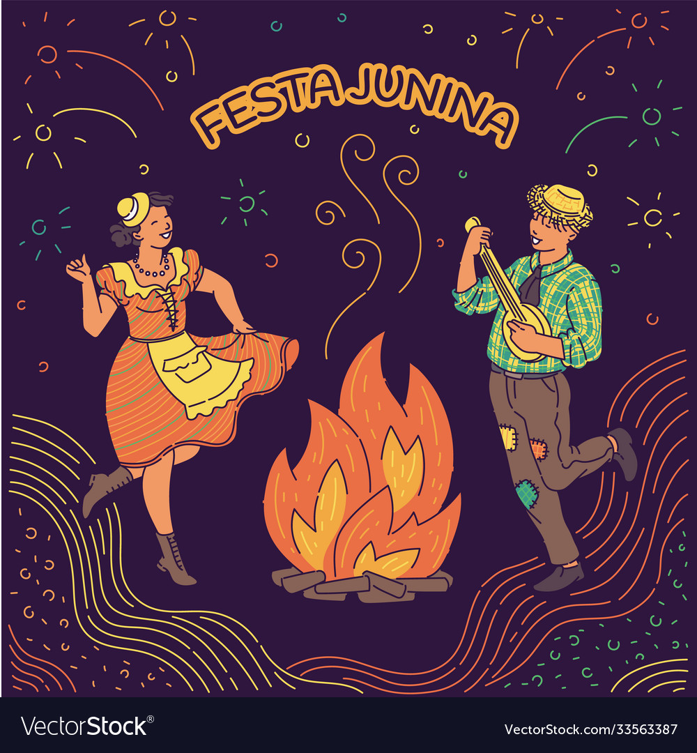 Festa junina bonfire dance poster with cartoon