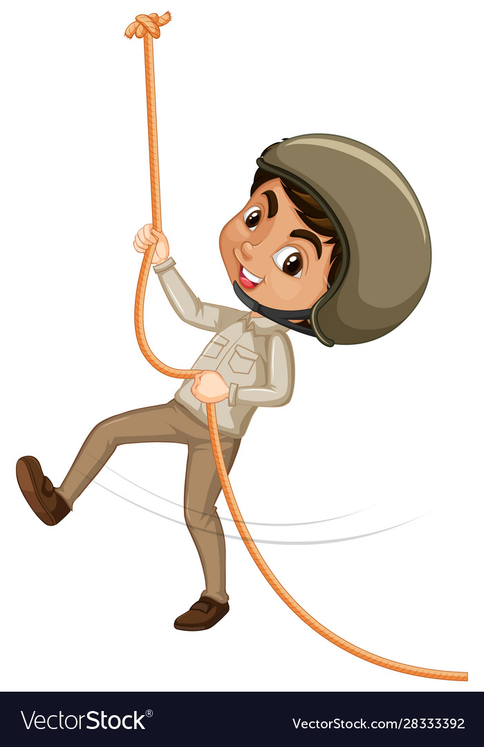 Boy climbing rope on white background