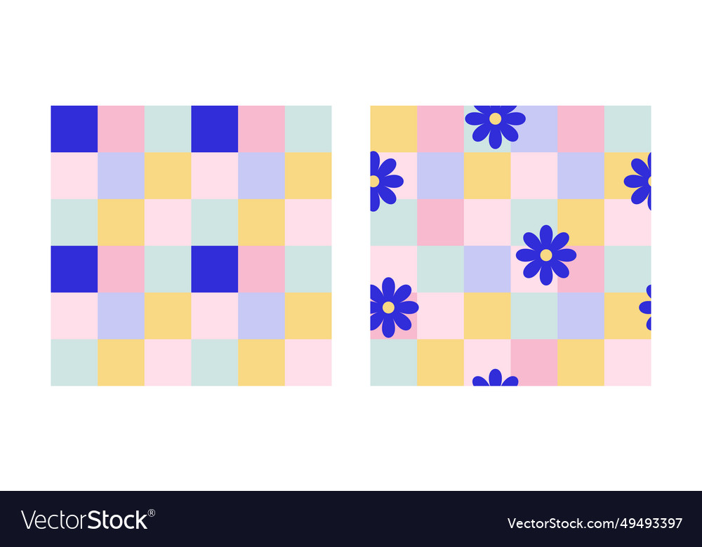 Y2k seamless patterns with daisies and chess