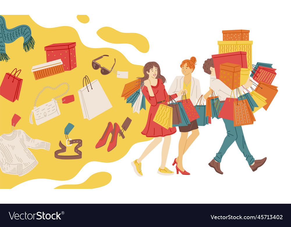 Fashionista or shopaholic characters during sales