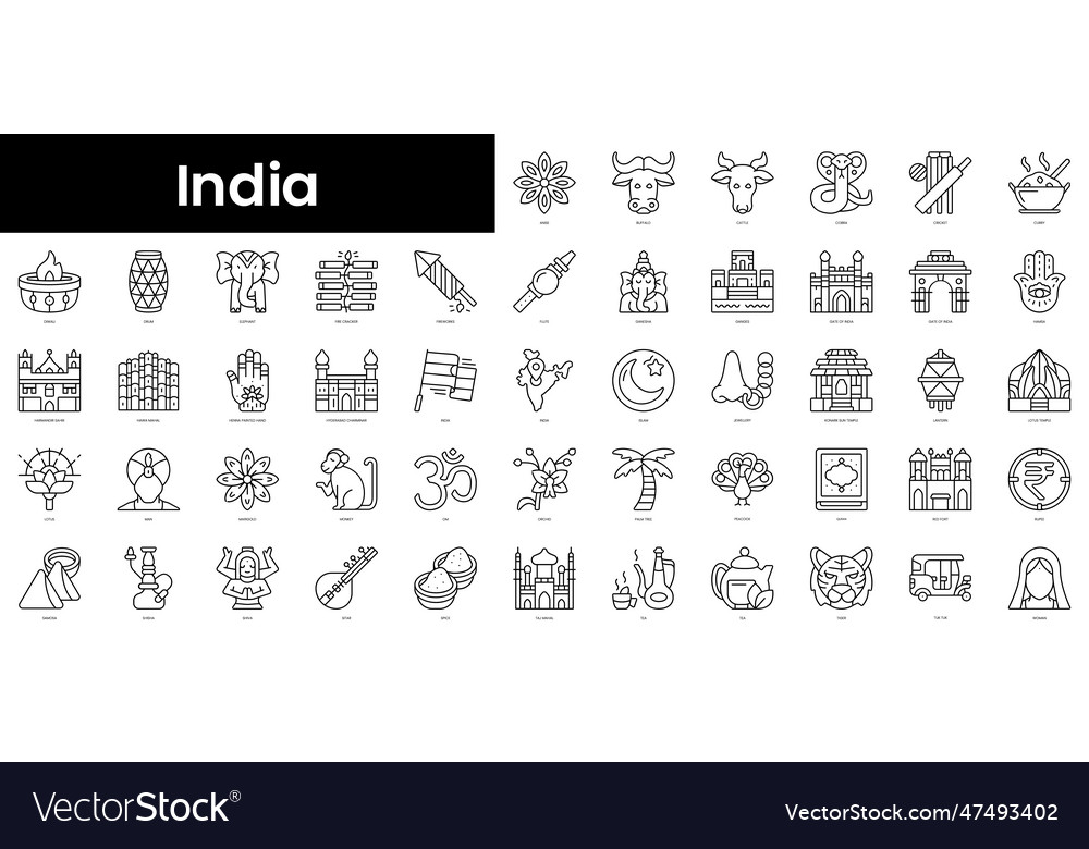 Set of outline india icons minimalist thin linear Vector Image