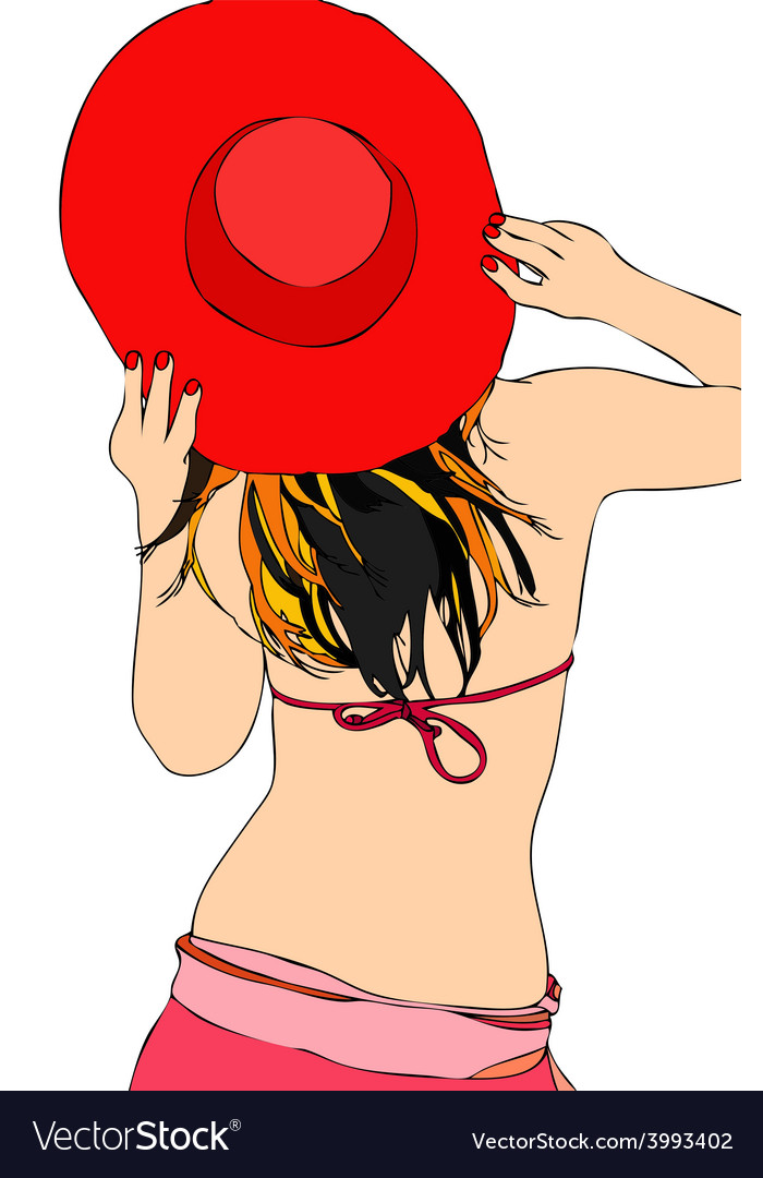 Woman with red hat and swimsuit