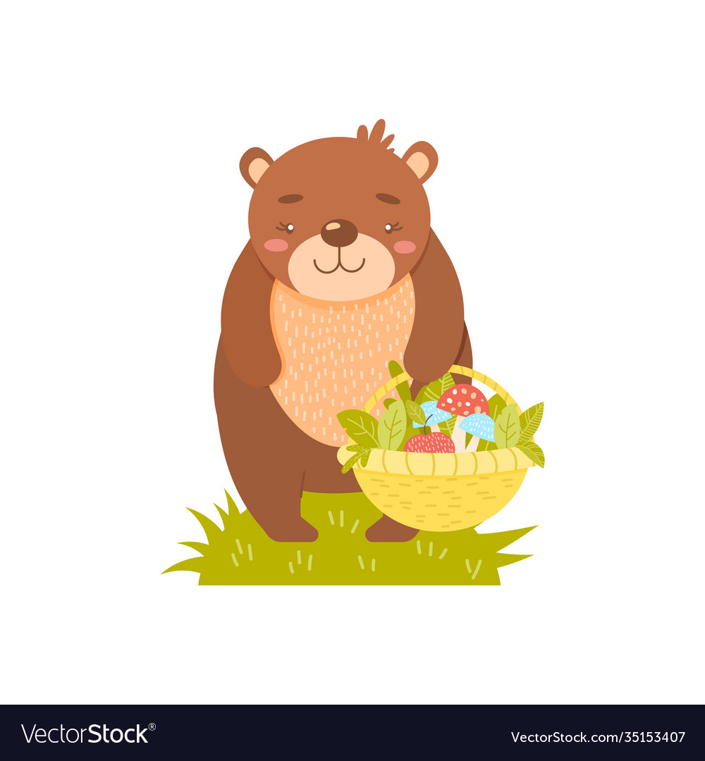 Cute bear with a basket mushrooms and leaves