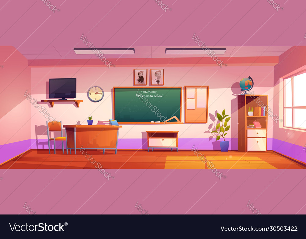 Empty classroom with inscription welcome to school