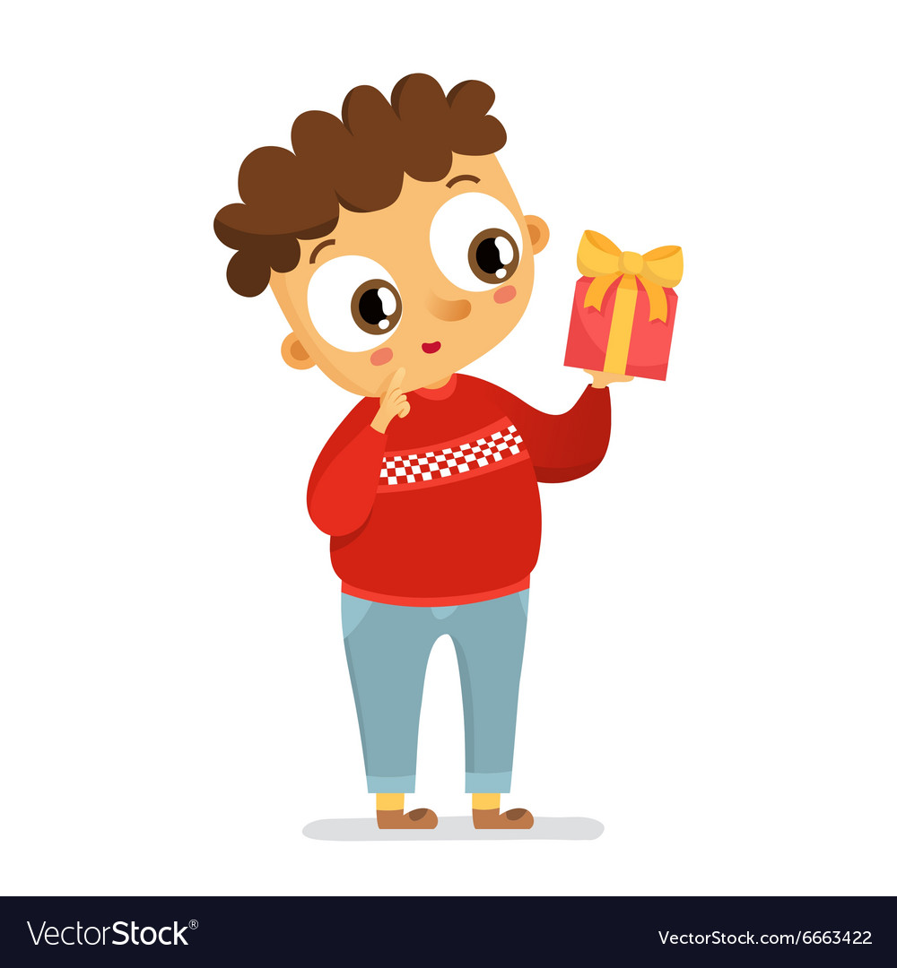 Happy boy holding gift isolated on white