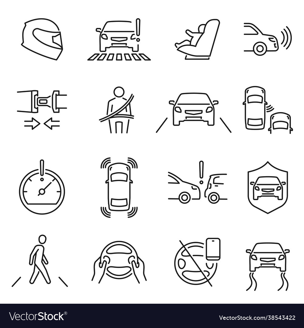 Monochrome linear safe driving icon set Royalty Free Vector