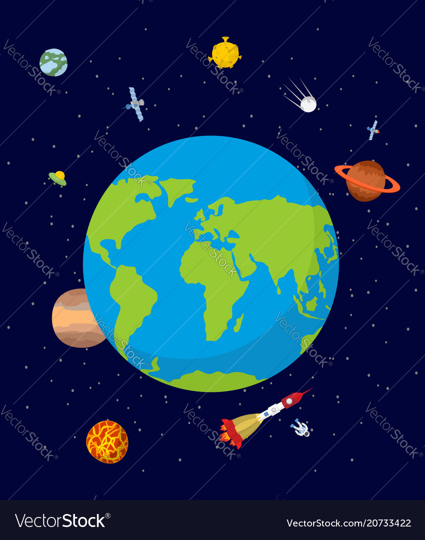 planet earth in space rocket and ufo stars and vector image