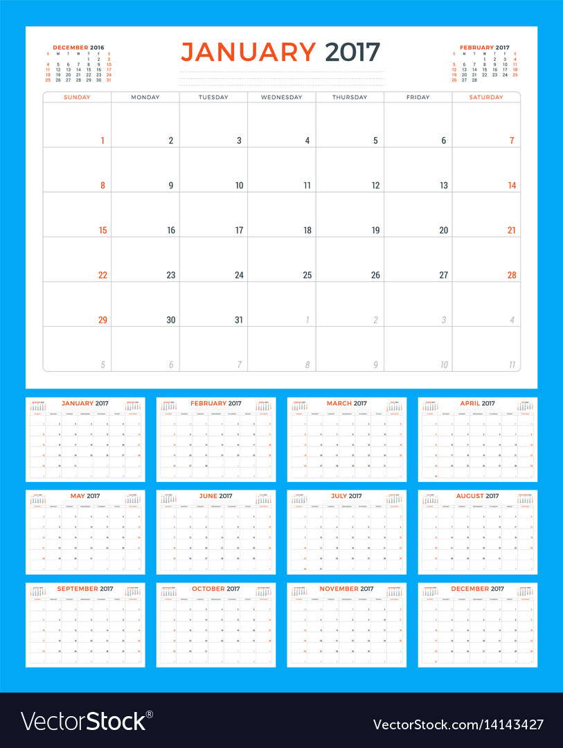 Calendar template for 2017 year week starts Vector Image