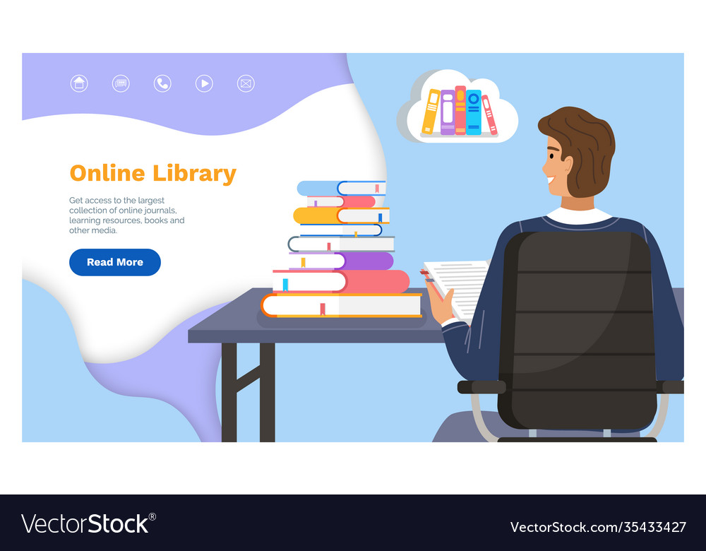 Online library landing page template with a man Vector Image