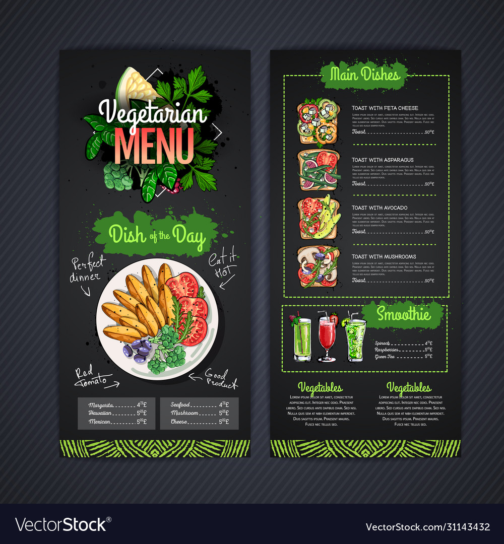 Vegetarian menu design with vegan meals Royalty Free Vector