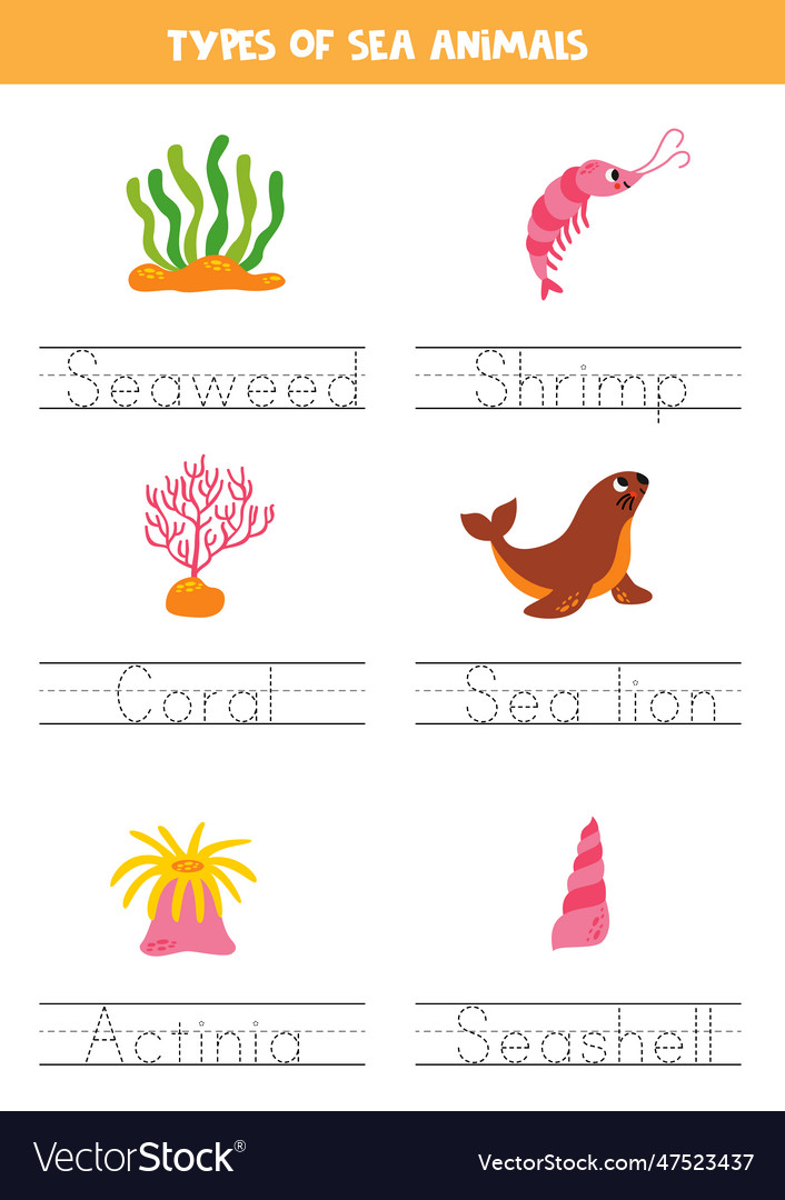 Tracing names of sea animal types writing practice