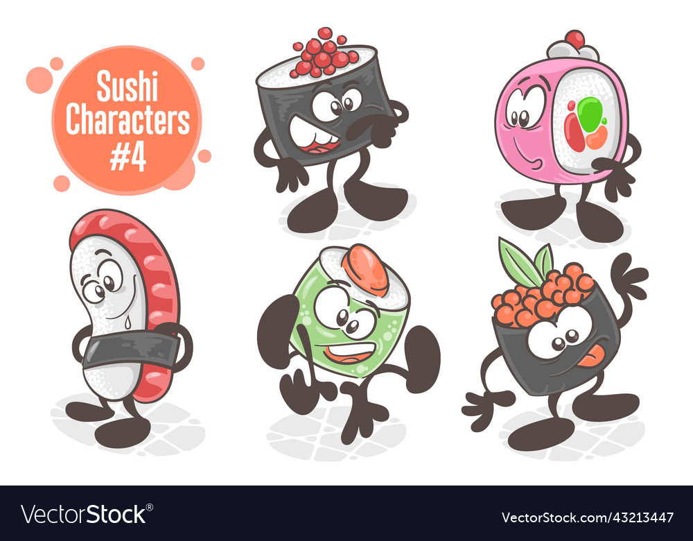 Sushi a set of funny cartoon characters asian