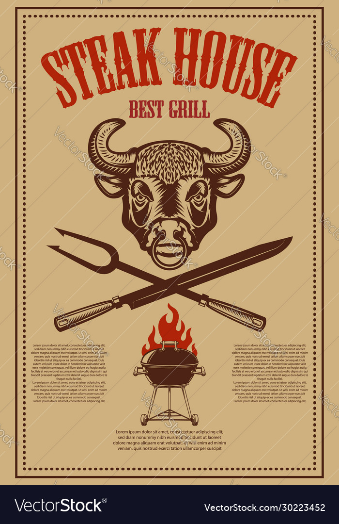 Steak house poster template with bbq grill Vector Image