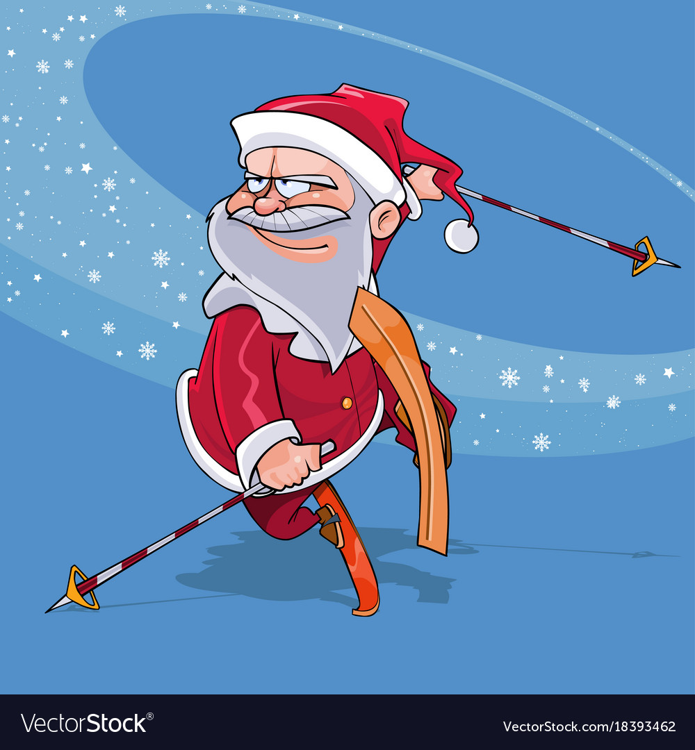 Funny cartoon santa claus jump on skis