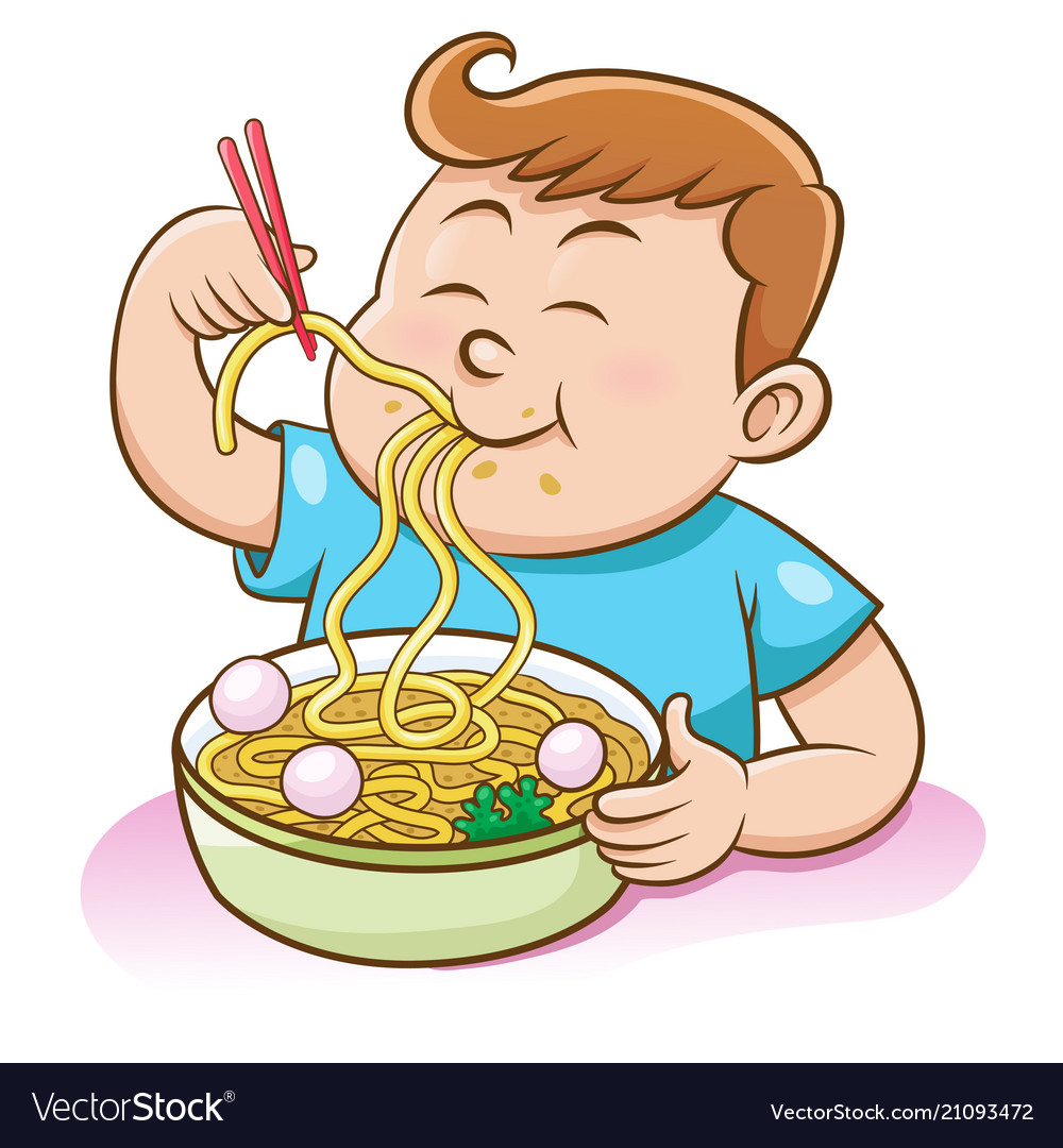 Children boy eating noodles with chopsticks Vector Image