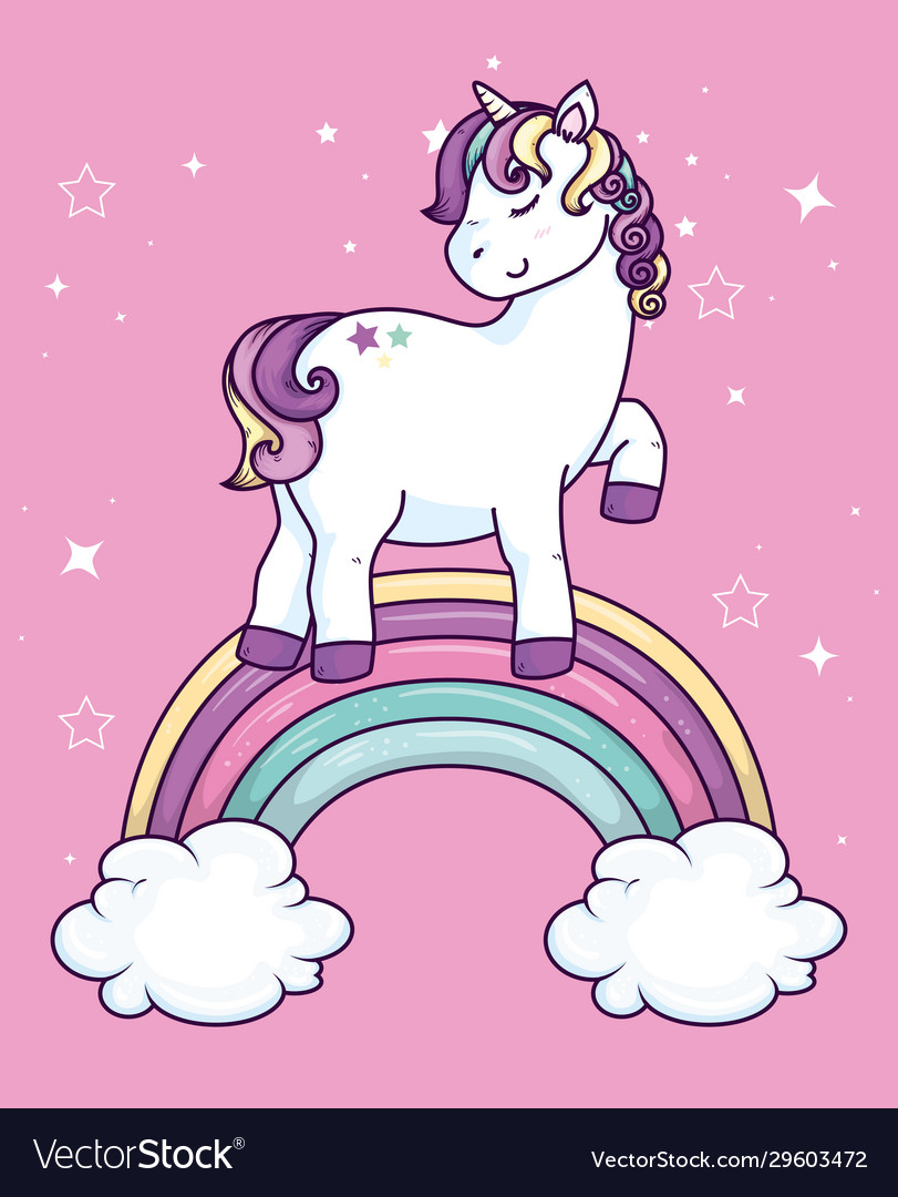 Cute unicorn fantasy with rainbow and clouds Vector Image