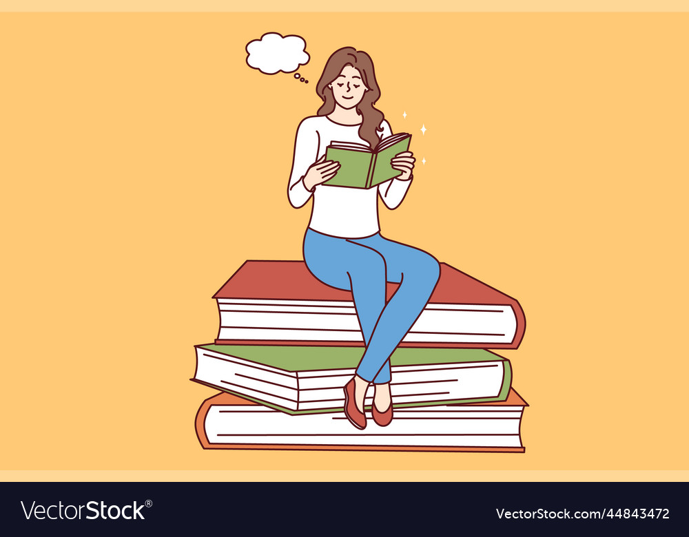 Happy woman sit on pile reading book Royalty Free Vector