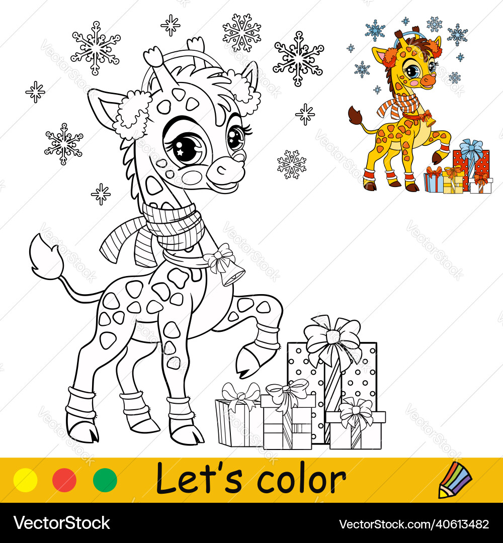 Coloring cute happy christmas giraffe Royalty Free Vector