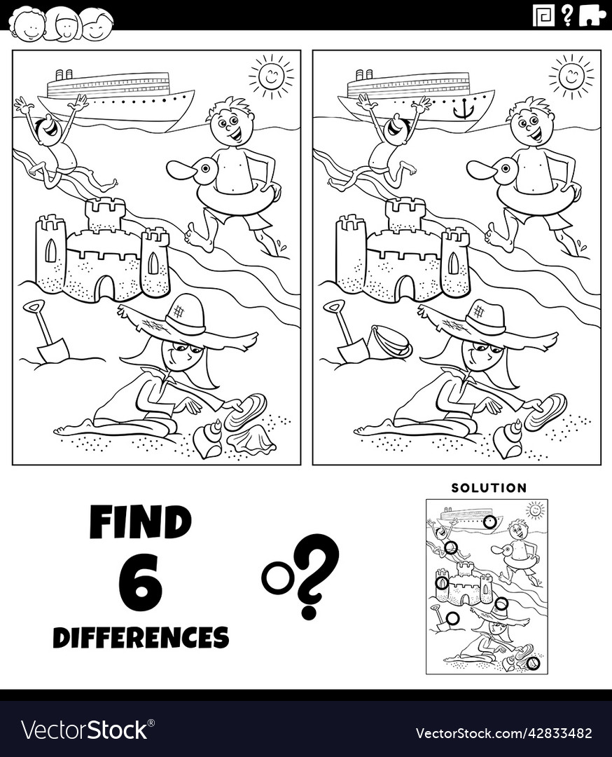 Differences Game With Cartoon Kids On The Beach Vector Image