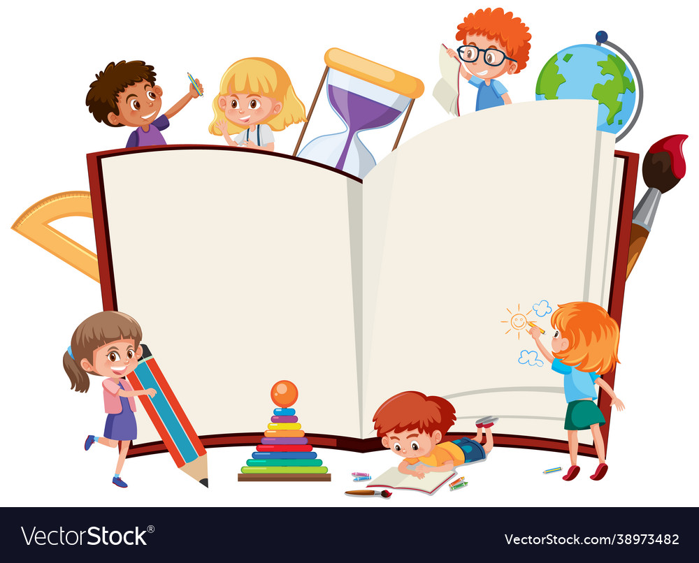 Empty opened book with school kids and stationery Vector Image