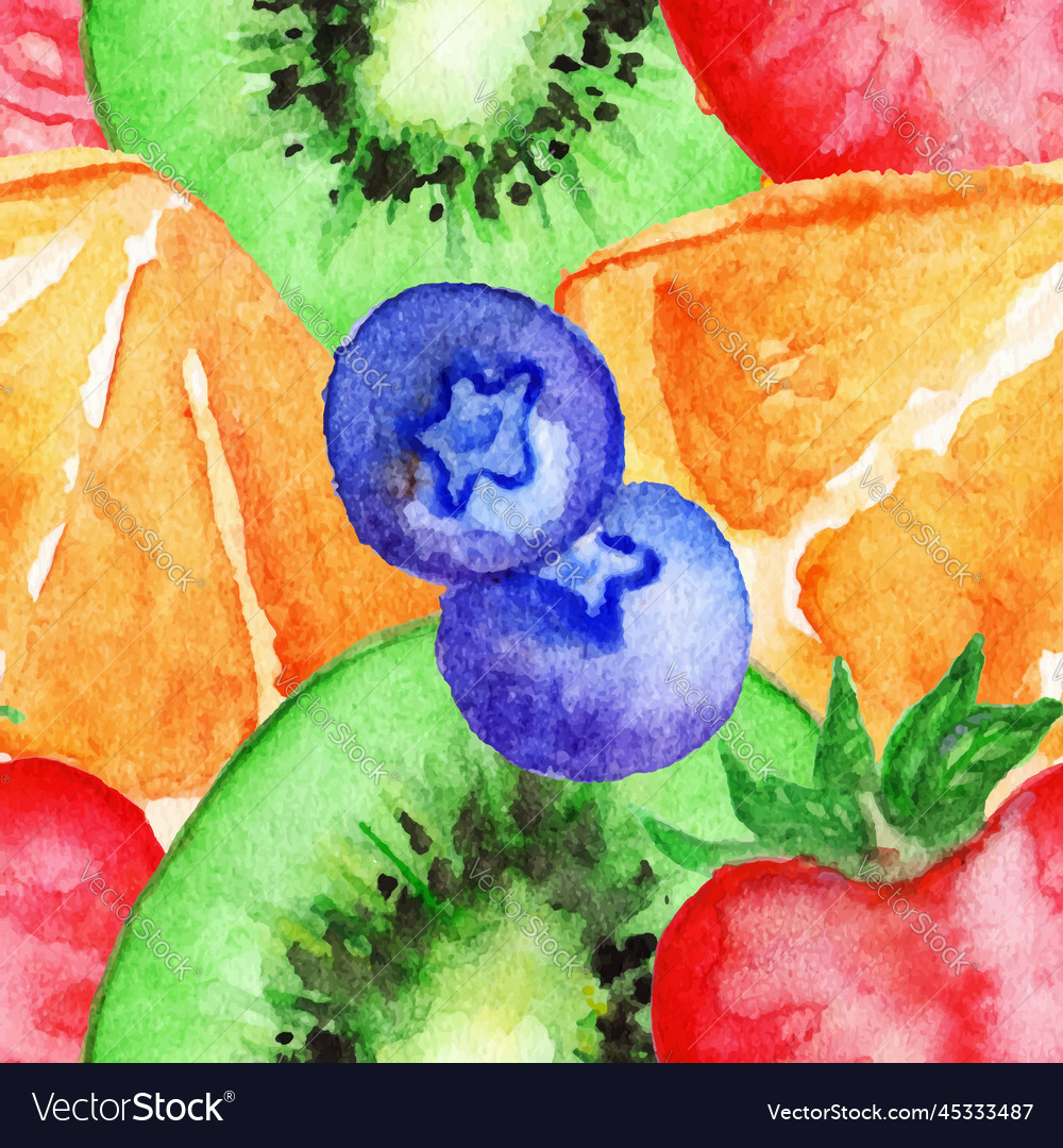 Watercolor kiwi orange strawberry blueberries Vector Image