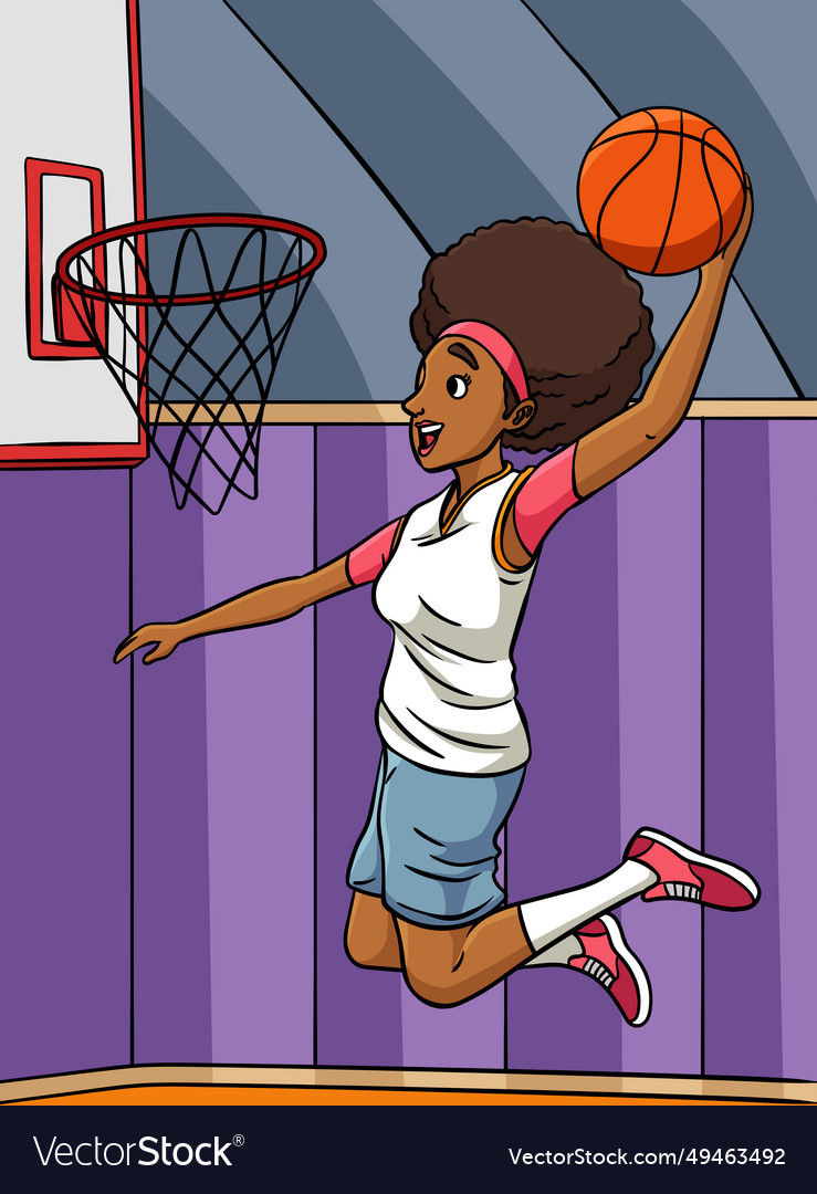 Basketball girl slam dunk colored cartoon Vector Image