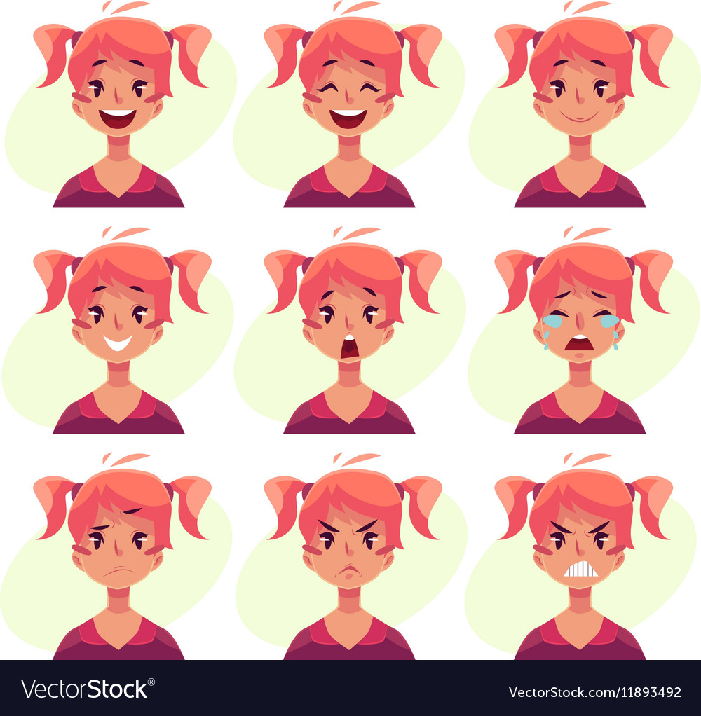 Red-haired girl with ponytails face expression