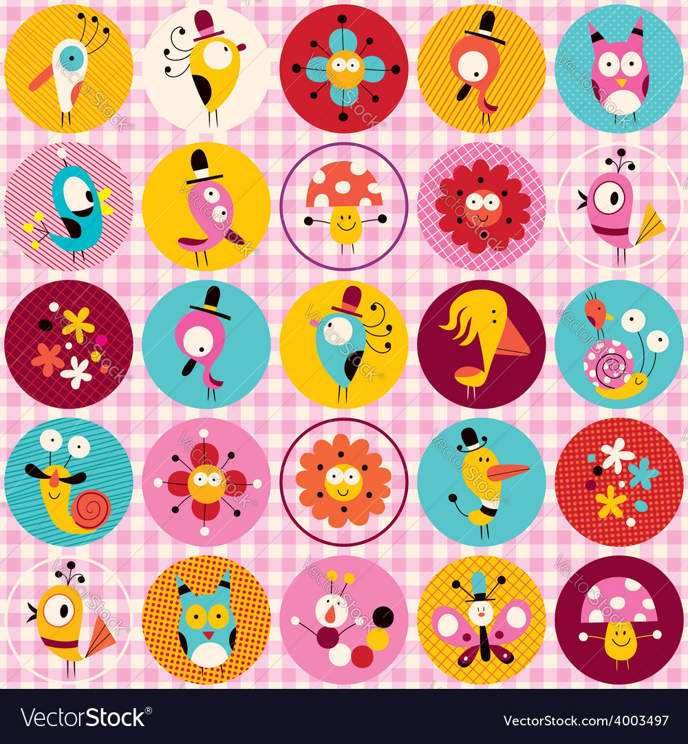 Cute characters animals flowers circles nature Vector Image