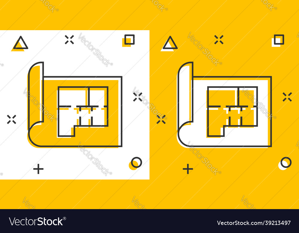 Room plan icon in comic style blueprint cartoon