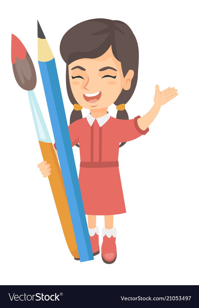 Smiling girl holding big pencil and paintbrush Vector Image