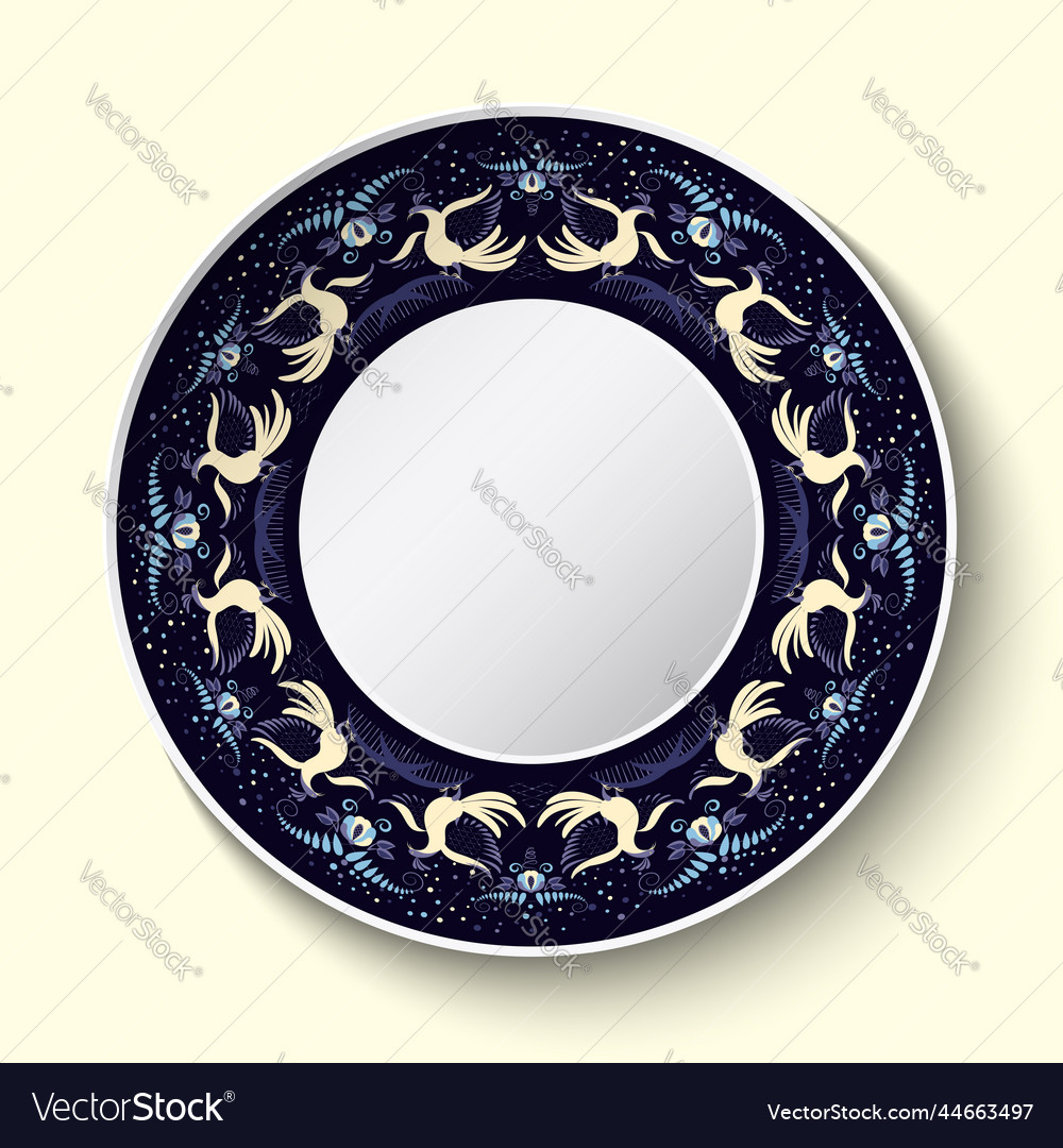 Top view of dark blue ceramic plate with painted