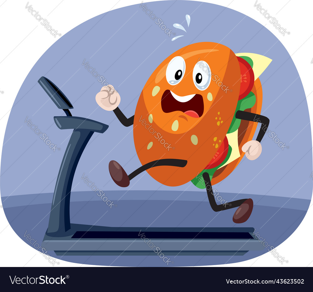 Funny hamburger running on a treadmill cartoon