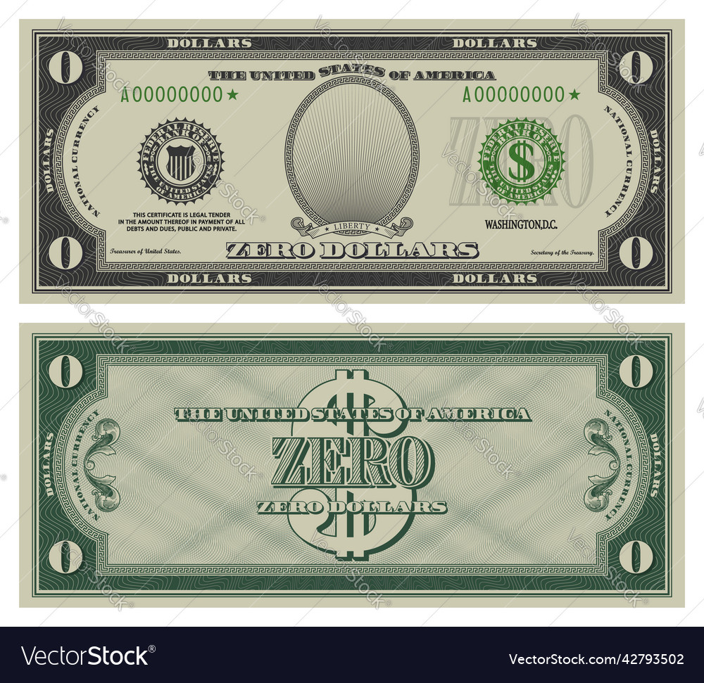 Zero dollars banknote gray obverse and green Vector Image