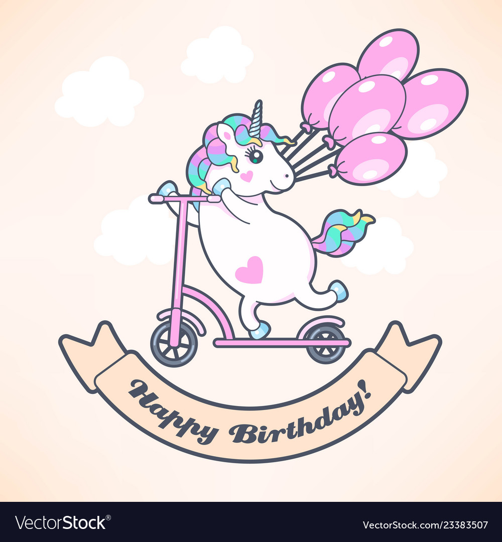 Greeting card with cute unicorn and balloons