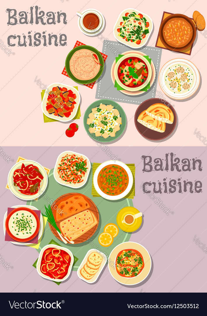 Balkan cuisine dinner dishes with pies icon set Vector Image