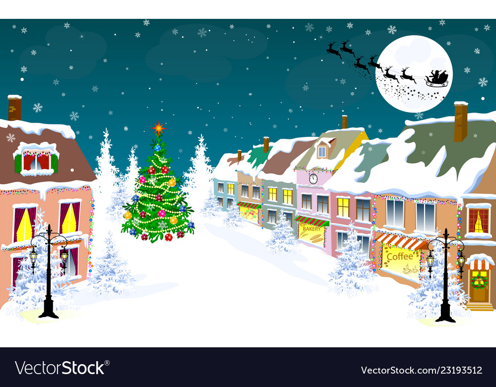 City winter night santa on a sleigh Royalty Free Vector