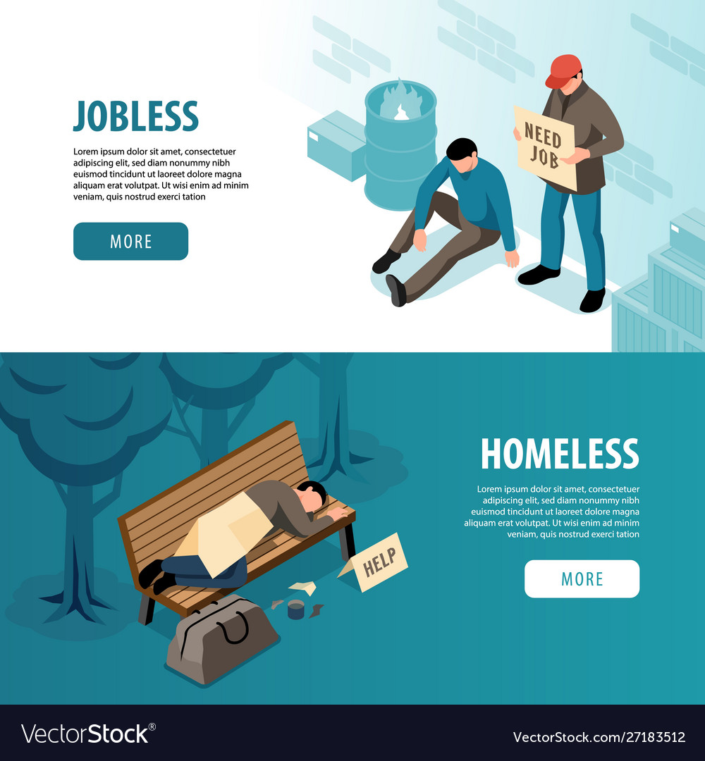 Jobless and homeless isometric banners Royalty Free Vector