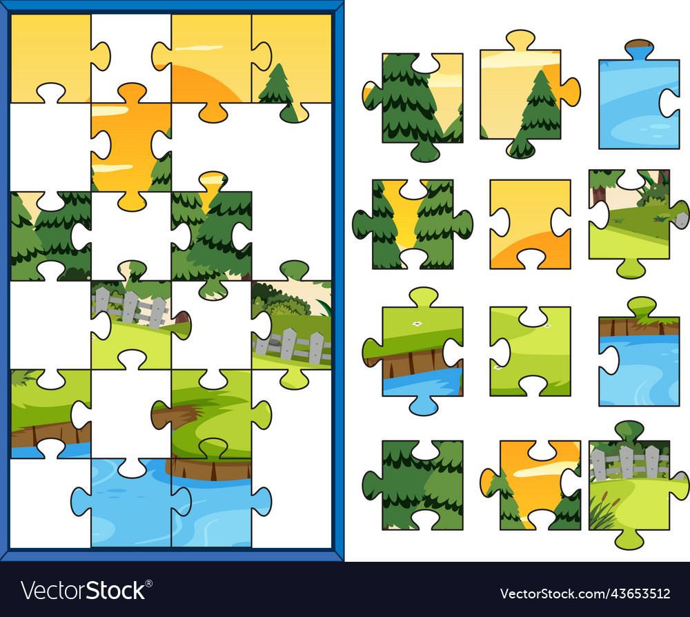 Jigsaw puzzle game with kids in park Royalty Free Vector