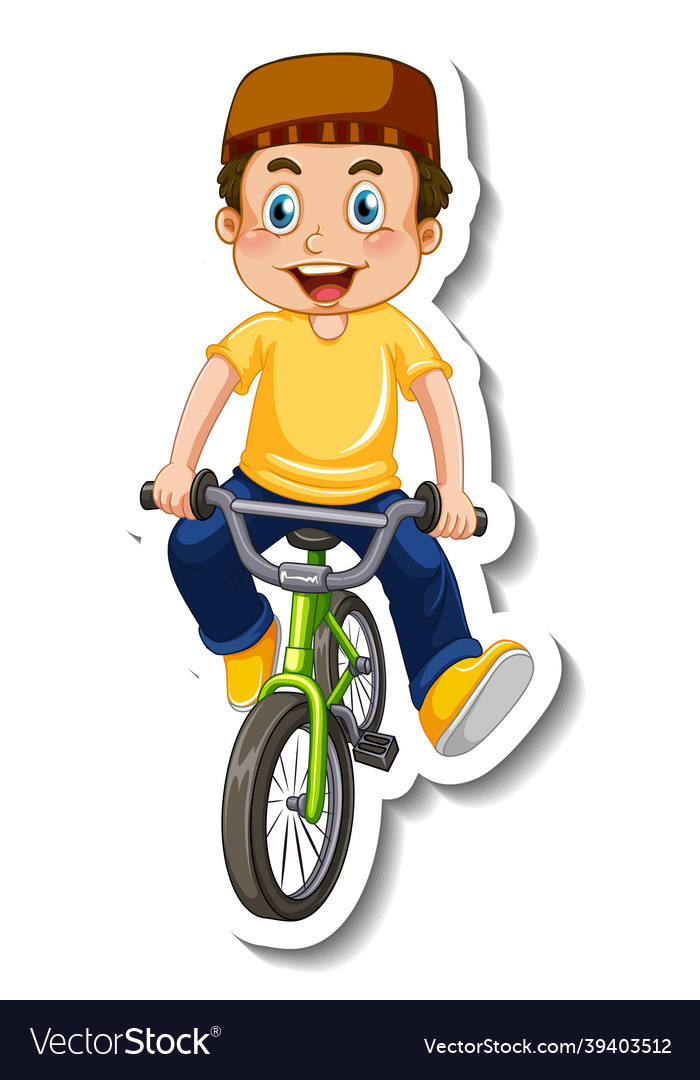 Sticker template with a muslim boy ride bicycle Vector Image