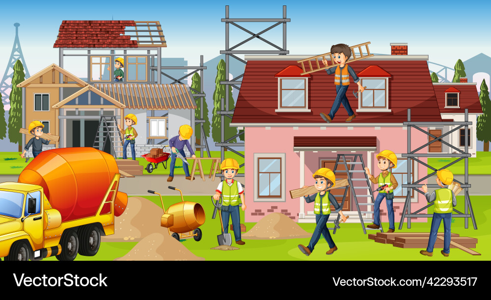 Construction site with workers Royalty Free Vector Image