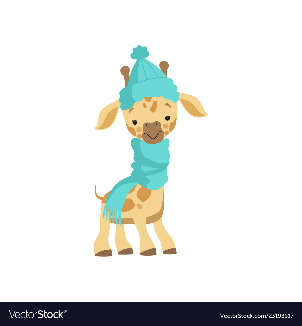 Cute little giraffe wearing blue knitted hat