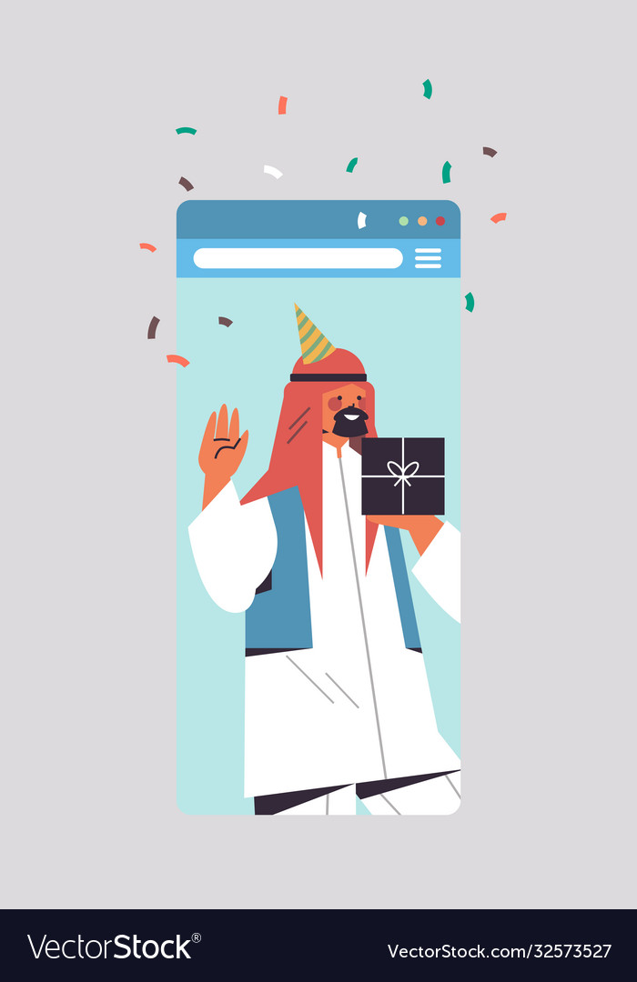 Arabic man in festive hat celebrating online