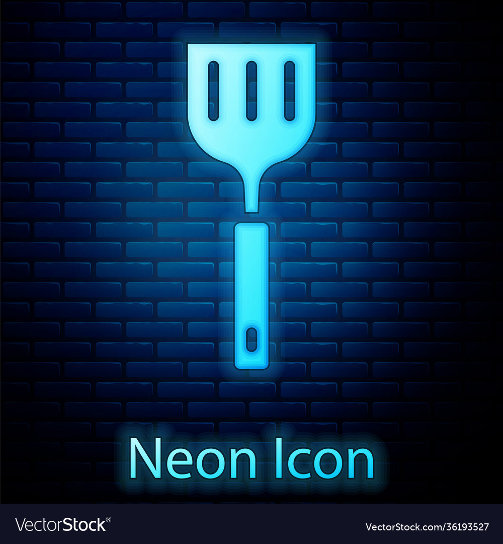 Glowing neon spatula icon isolated on brick wall