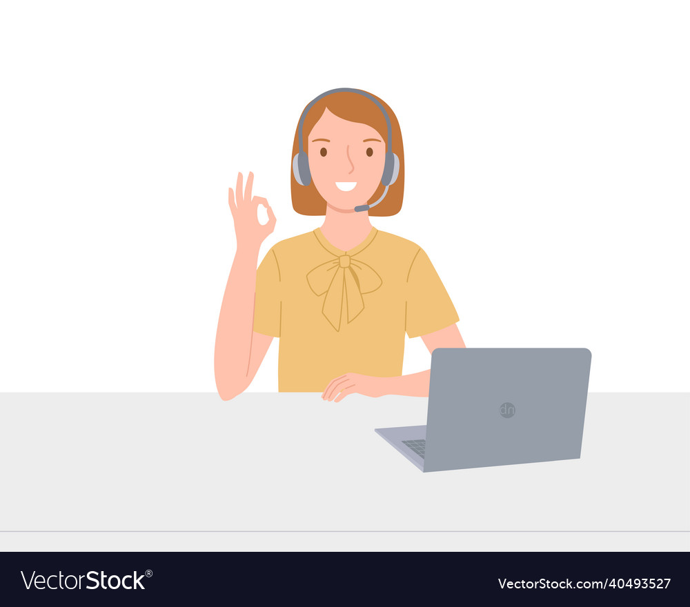 Operator girl with headphones and a laptop Vector Image