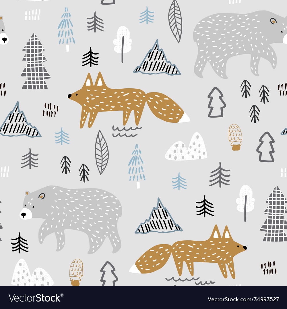 Seamless childish forest pattern with bear and fox