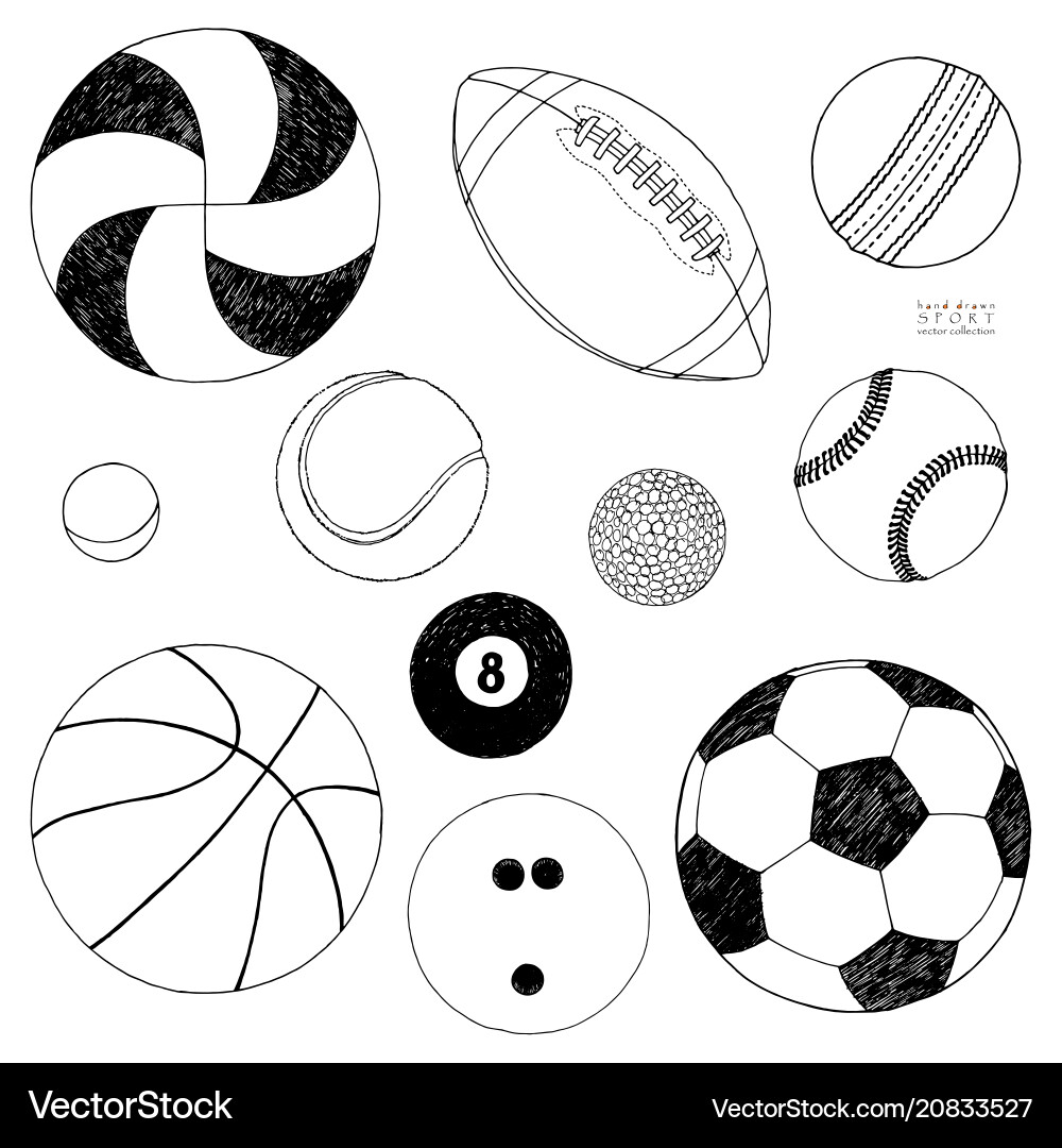 Set sport balls hand drawn sketch Royalty Free Vector Image